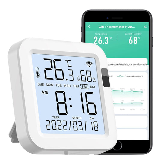 Temperature Humidity Monitor: Upgraded Smart Temperature and Humidity Sensor with Large Backlit LCD Screen & App Alerts, Indoor Thermometer