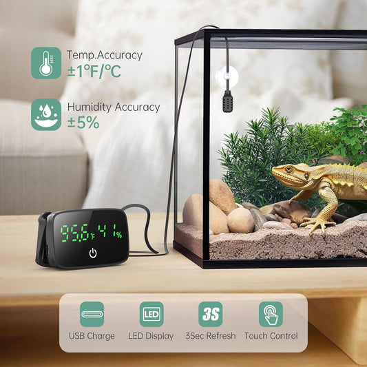 Reptile Thermometer Hygrometer, LED Digital Terrarium Thermometer and Humidity Gauge Snake Tank Accessories with USB Charging for Bearded Dragon