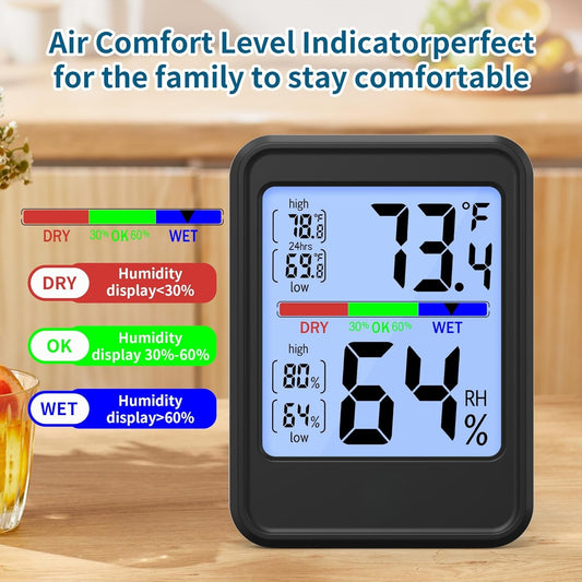 Digital Thermometer Hygrometer, Indoor Wall Thermometer, Indoor Humidity Temperature Monitor with Max&Min Records Backlit for 10S for Greenhouse, Home