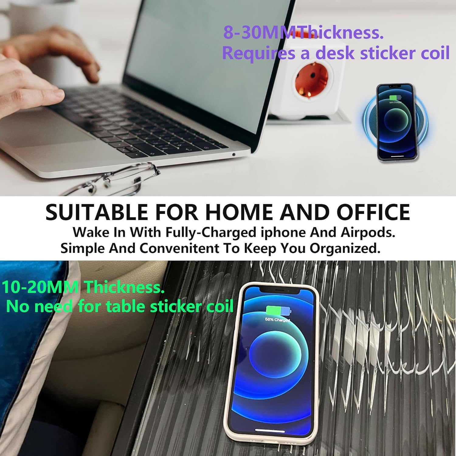 Magnetic Invisible Wireless Charger 8-30MM, Under Desk 15W Furniture Wireless Charging Pad